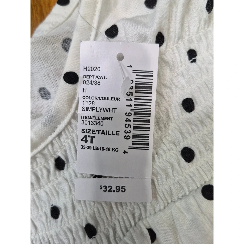 The Childrens Place Girls White Black Polka Dot Smocked Long Sleeve Top 4T NEW